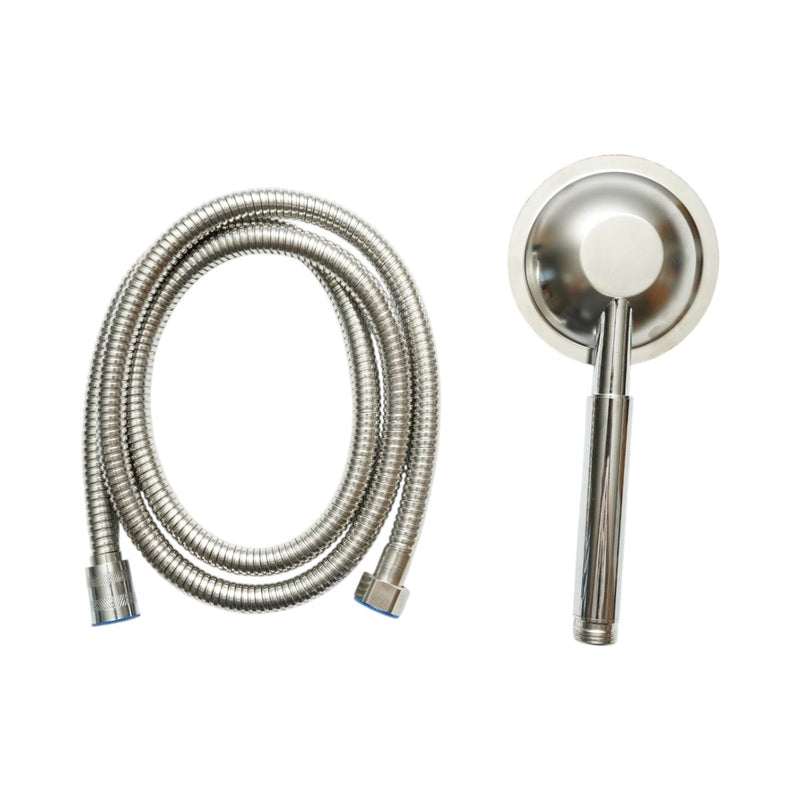 Set doccetta con flessibile zincato da 1,5 m, 1 funzione di getto (effetto pioggia), ugelli in silicone, finitura cromata lucida, acciaio inox, 100x225 mm.