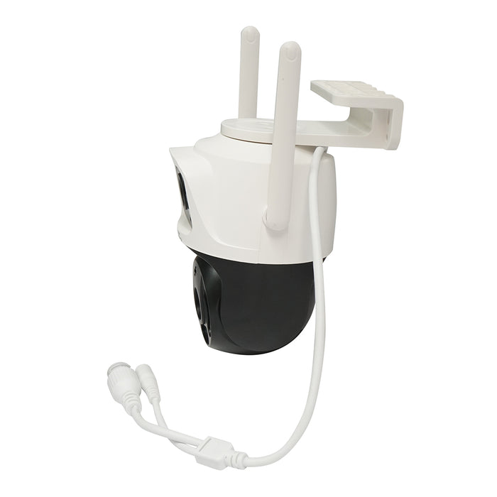Telecamera di sorveglianza con lente doppia 6 MP, P2P WIFI 2.4GHz, rotazione 360° PTZ, sensore di movimento, sirena, rilevamento umano e applicazione iCSee