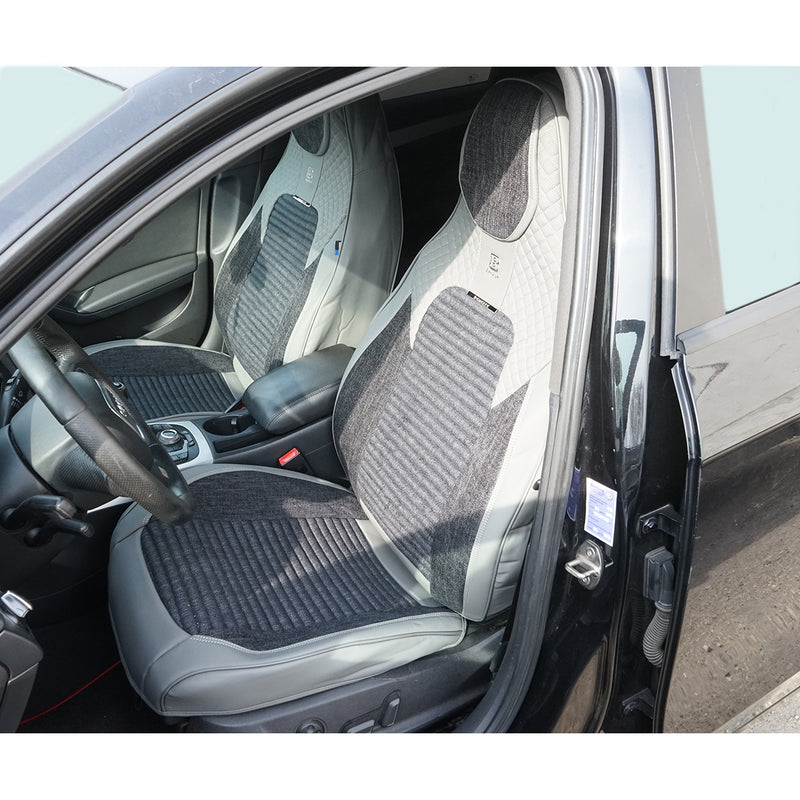Set coprisedili auto universali premium grigio crema, design ergonomico sportivo, pelle ecologica con inserti tessili, 11 pezzi