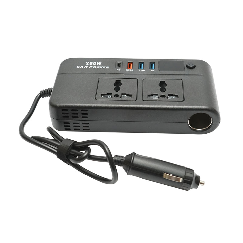 Inverter di potenza 12V-220V da 200W, onda sinusoidale modificata, porte USB e USB-C, doppia uscita AC