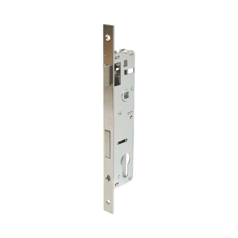 Serratura da infilare con scrocco, scatola 38x174 mm, frontale 16x240 mm, finitura nichel satinato, viti incluse.