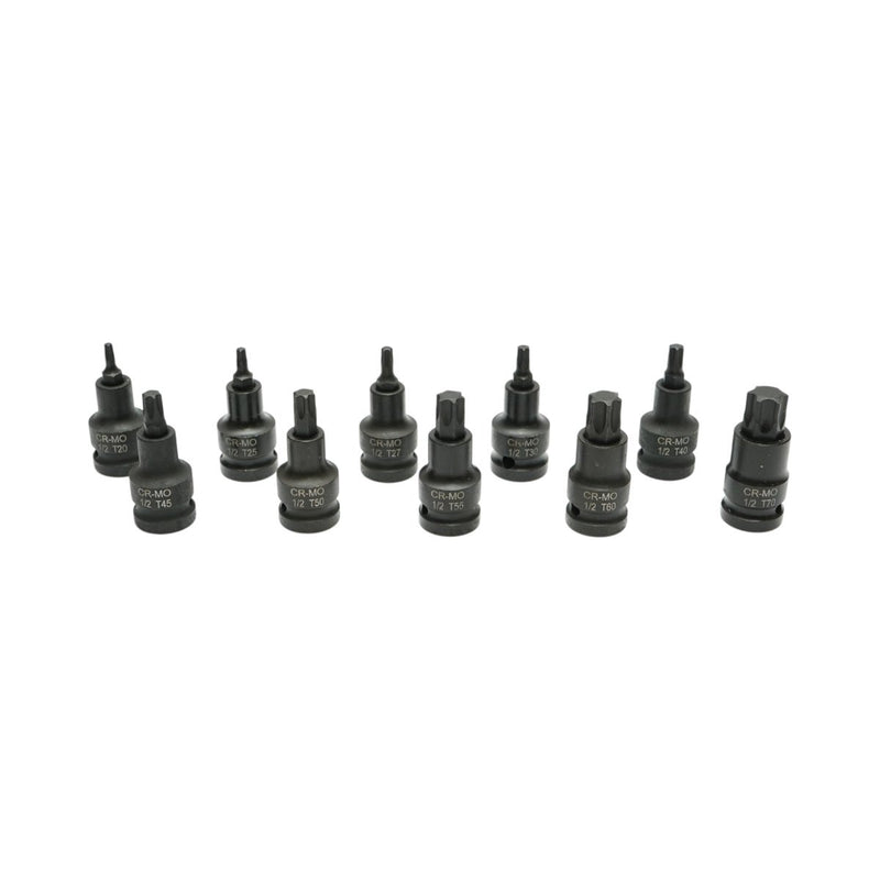 Set da 10 pezzi di bussole con inserto Torx a impatto corte (T20–T70), attacco da 1/2", in acciaio al cromo-molibdeno (Cr-Mo) Breckner Germany