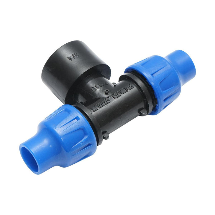 Giunto a ''T'' per Sistema di irrigazione a Goccia PN10-16mm X 3/4" X 16mm. Giunto a Compressione per nastro irrigazione a Goccia