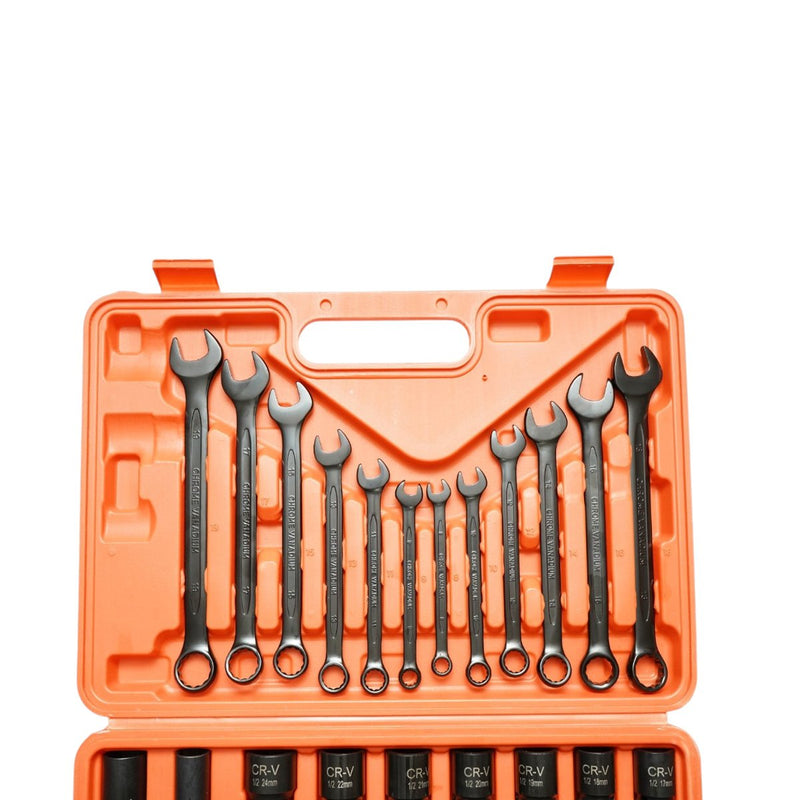 Set da 37 pezzi con bussole da 1/2" in acciaio al cromo-vanadio (8–32 mm) e chiavi combinate (6–19 mm), comprensivo di cricchetto, prolunga a T da 250 mm e snodo cardanico. Breckner Germany