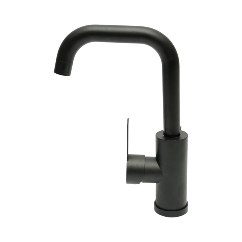Rubinetto per lavello cucina nero opaco con bocca girevole a U, monocomando, in lega di zinco, flessibili inclusi.