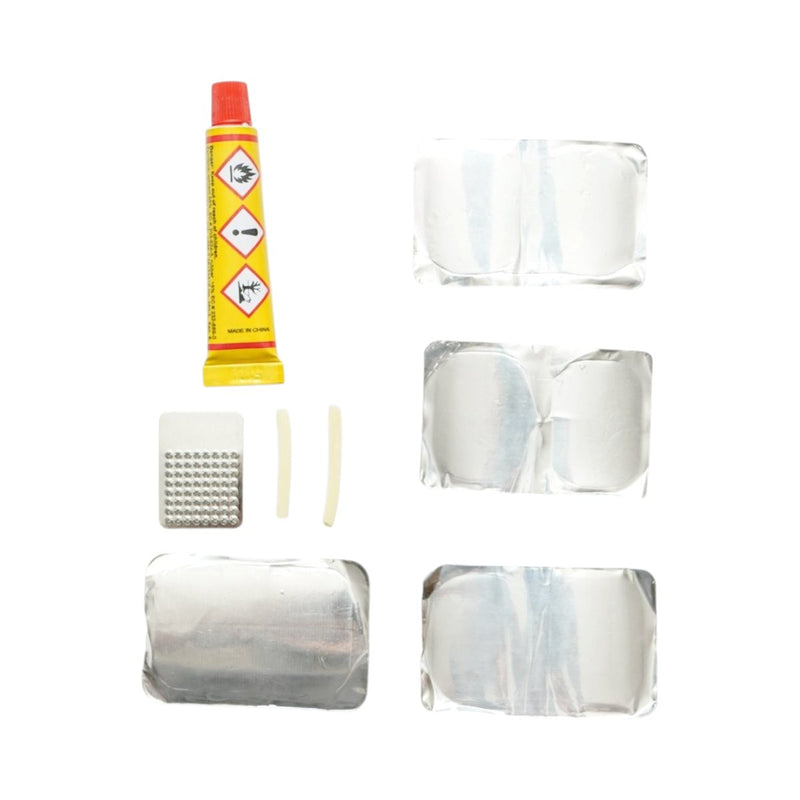 Set di 12 toppe vulcanizzanti per camere d'aria di biciclette, moto, carriole e tuk-tuk (24x35 mm, 32x50 mm) + 1 tubetto di adesivo da 8 ml.
