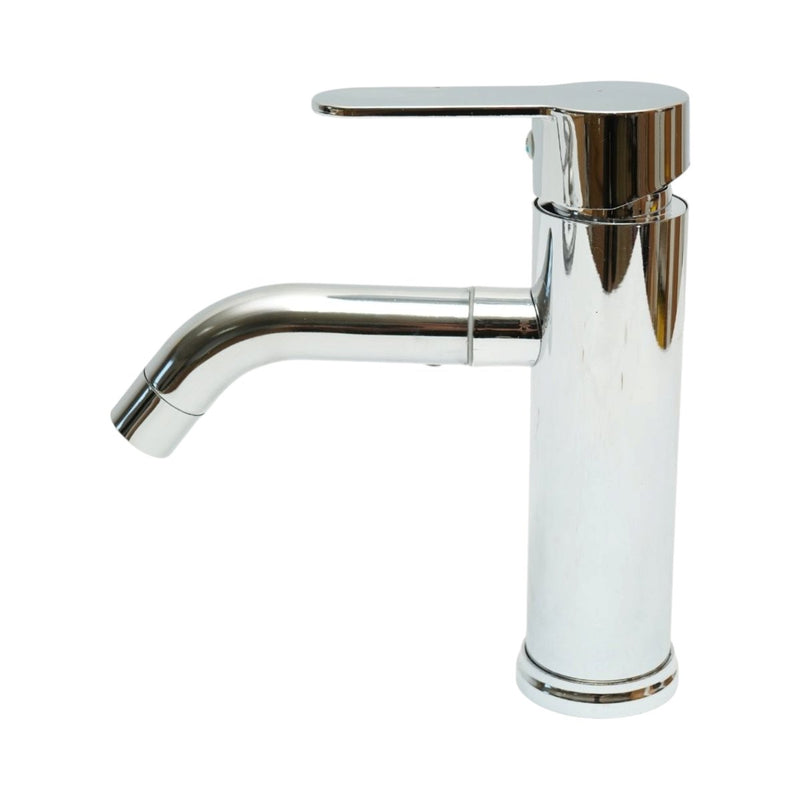 Miscelatore alto e rotondo per lavabo, monocomando, finitura cromata lucida, acciaio inossidabile, flessibili inclusi
