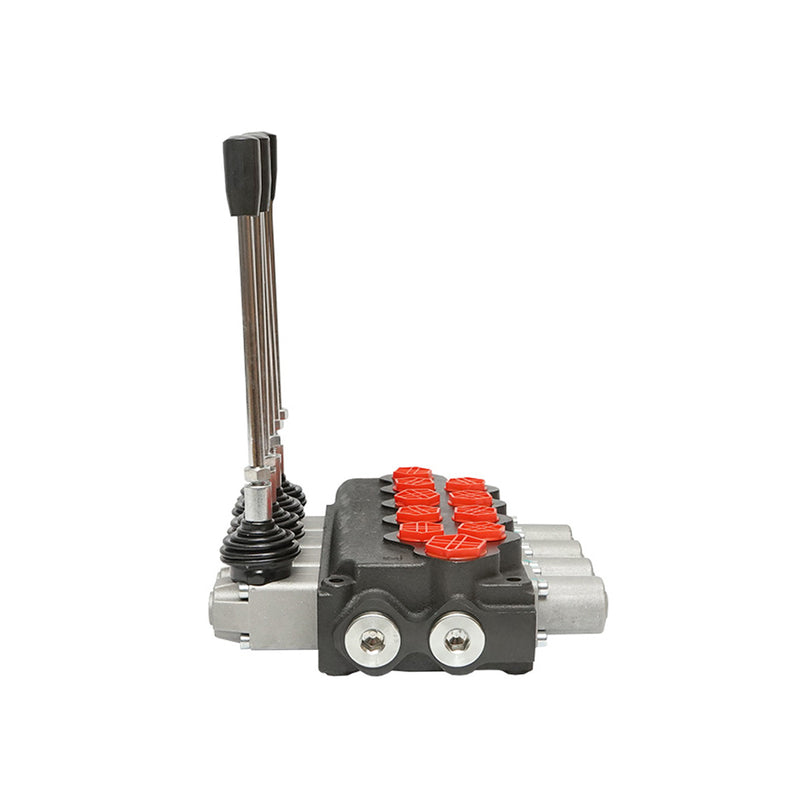 Distributore idraulico a 4 leve, valvola di sicurezza SD11, portata 80L/min, leva e riduzione -15 /+80 Breckner Germany