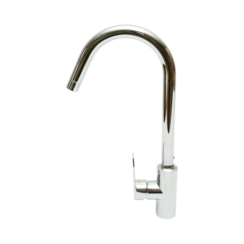 Miscelatore monocomando per lavello cucina con bocca alta girevole a forma di U, finitura cromata lucida, acciaio inox, flessibili inclusi.