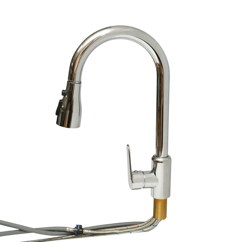 Rubinetto per lavello cucina in rame di alta qualità, con doccetta estraibile a 3 funzioni, monocomando, finitura cromata lucida, flessibili inclusi.