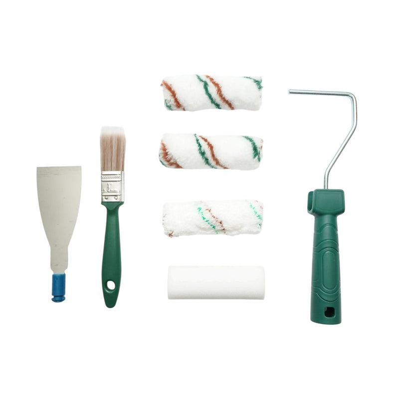 Set per verniciatura da 8 pezzi: telaio per rullo da 10 cm, 2 rulli in poliestere, 1 rullo in microfibra, 1 rullo in spugna, pennello da 25 mm, spatola, vaschetta per vernice. Breckner Germany
