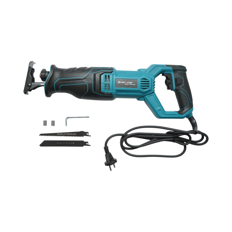 Sega elettrica alternativa a sciabola da 950 W, 220 V, corsa di 20 mm, velocità 0–3000 giri/min, 2 lame per legno e metallo. Breckner Germany