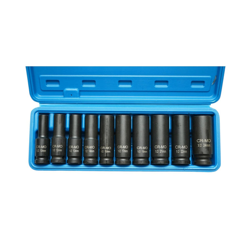Set di 10 bussole a impatto lunghe con attacco da 1/2" (10–24 mm), Cr-Mo Breckner Germany