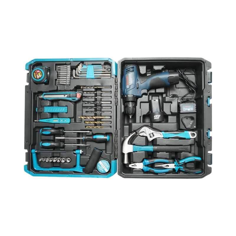Trapano-avvitatore professionale con due batterie da 12 V/2,0 Ah e un set di utensili da 49 pezzi.