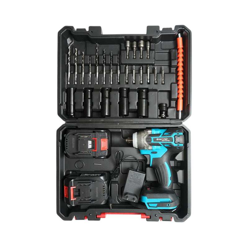 Avvitatore a impulsi da 1/2", due batterie agli ioni di litio da 21 V e 3 Ah, luce LED, motore brushless, coppia di 400 Nm; include bussole, punte da trapano e inserti per avvitatore (set da 31 pezzi) Breckner Germany