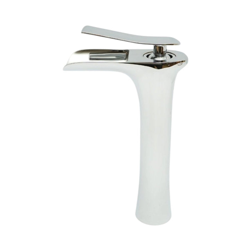 Rubinetto alto di alta qualità per lavabo da bagno in rame, con erogazione a cascata, design rotondo, miscelatore monocomando, finitura cromata lucida e flessibili inclusi.