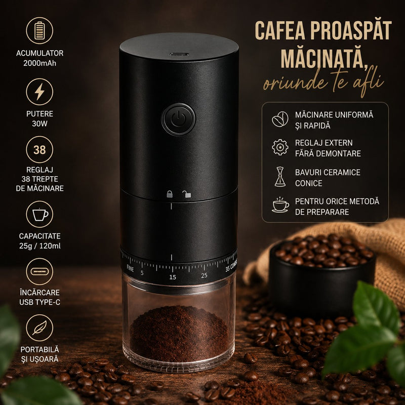 Macinacaffè elettrico portatile con batteria da 2000 mAh, 30 W, regolazione della macinatura a 38 livelli, capacità 25 g/120 ml, ricaricabile via USB-C.
