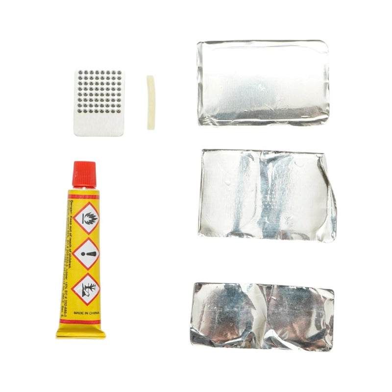 Set di 5 toppe vulcanizzanti per camere d'aria di biciclette, moto, carriole e tuk-tuk (24x35 mm, 25 mm, 32x50 mm) + 1 tubetto di adesivo (8 ml)