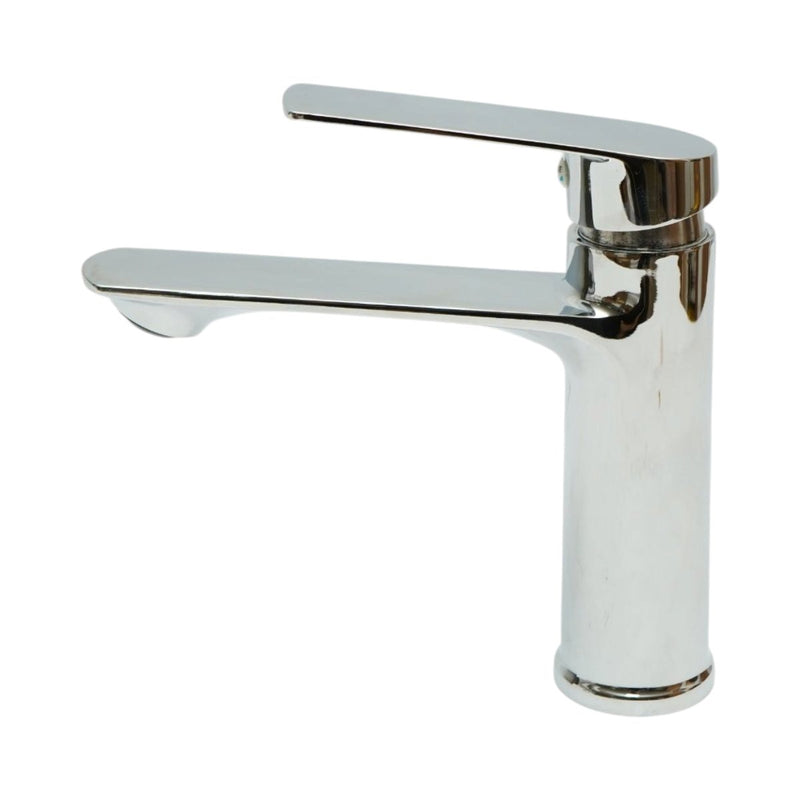 Miscelatore alto e rotondo per lavabo, monocomando, finitura cromata lucida, in lega di zinco, flessibili inclusi