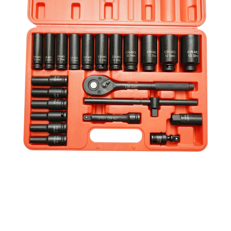 Set di 23 bussole lunghe da 1/2" in acciaio al cromo-molibdeno (8–32 mm), comprensivo di cricchetto, prolunga da 127 mm, impugnatura a T e snodo cardanico Breckner Germany
