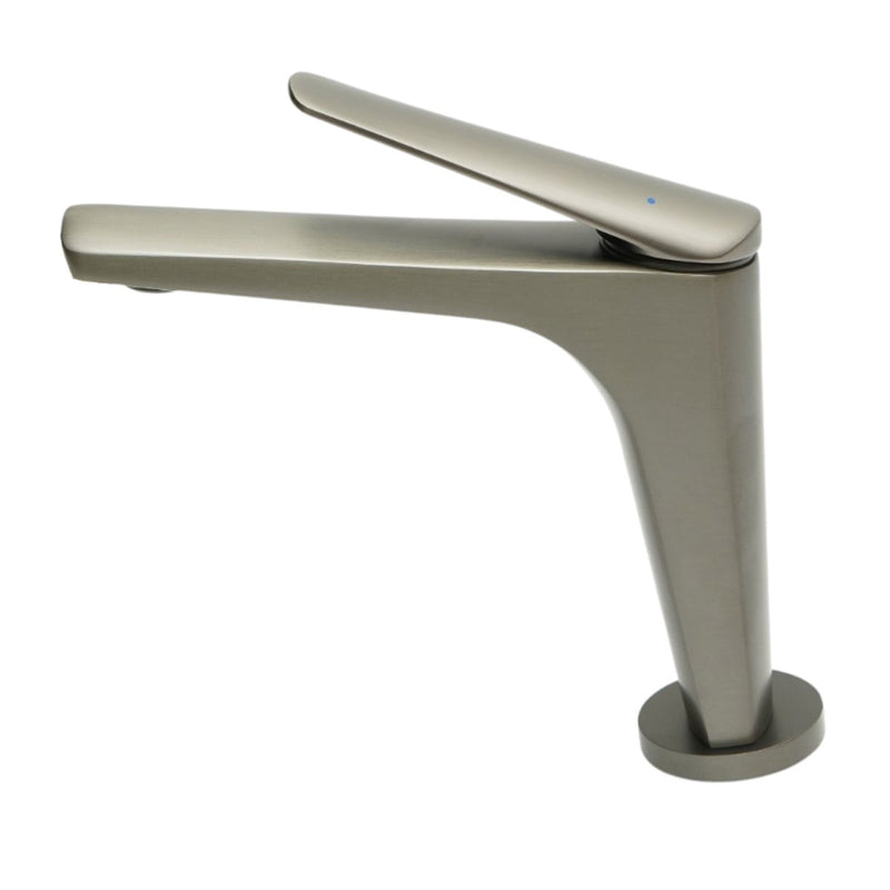 Rubinetto premium in rame per lavabo da bagno, con canna lunga, design squadrato, monocomando, finitura grigio grafite satinato e flessibili inclusi.