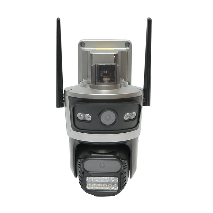 Telecamera di sorveglianza con lente doppia 4 MP, scheda SIM 4G, WIFI 2.4 GHz, pannello solare 7.6W, batteria 18650 a ricarica rapida, rotazione 360° PTZ con sensore di movimento, rilevamento umano PIR, allarme, visione notturna e applicazione iCSee