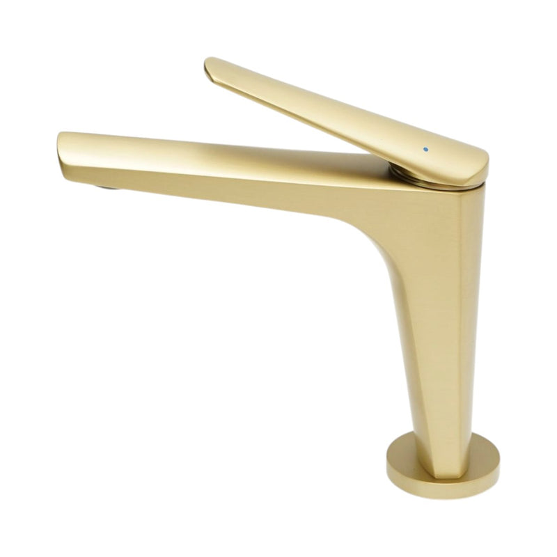 Rubinetto premium in rame per lavabo, con bocca lunga e design squadrato; monocomando, finitura oro opaco, flessibili inclusi.