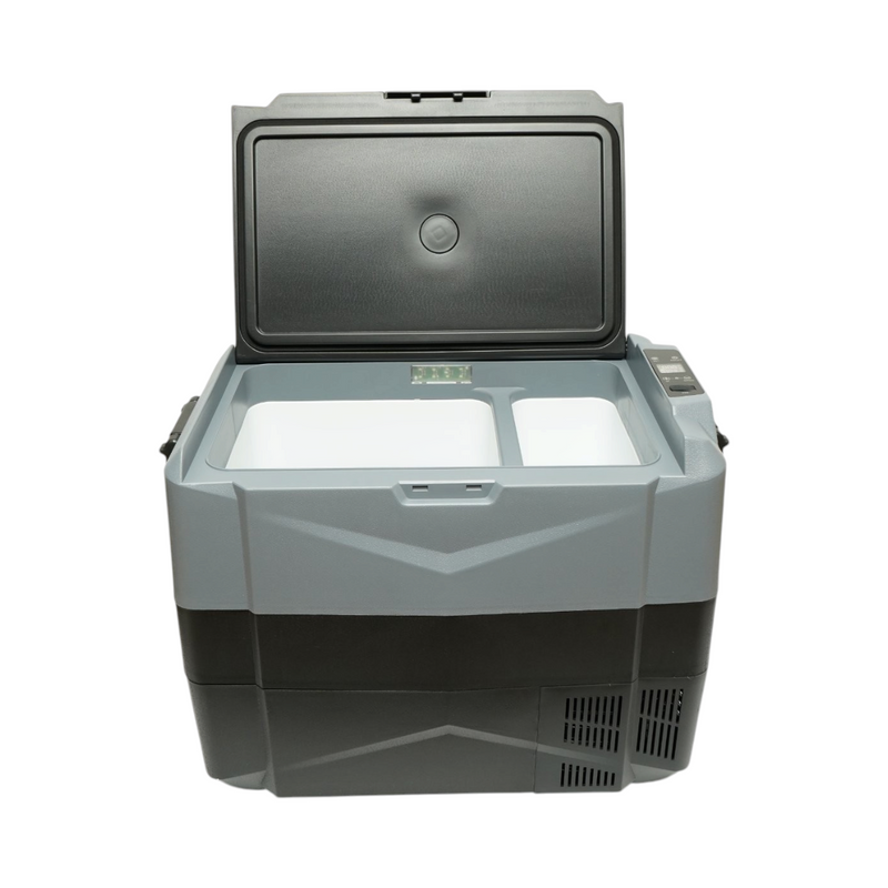 Frigorifero per auto 45L con compressore 12V-24V-220V, 60W, display LCD, doppia zona di raffreddamento, USB 630x390x490mm