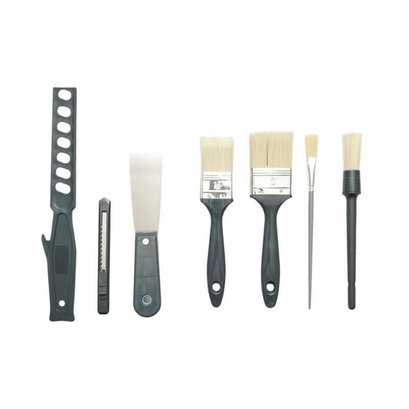 Set per tinteggiatura e decorazione: rulli in poliestere da 10 cm e 25 cm, 4 pennelli, spatola, miscelatore, vaschetta per vernice, griglia di sgocciolamento, telo protettivo, cutter (15 pezzi).Breckner Germany