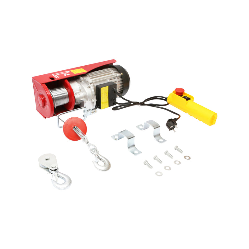 Paranco/gru elettrica 220V/50Hz 850W, carico massimo 200/400kg, velocità di sollevamento 5-10m/min, altezza di sollevamento 6-12m, protezione IP40