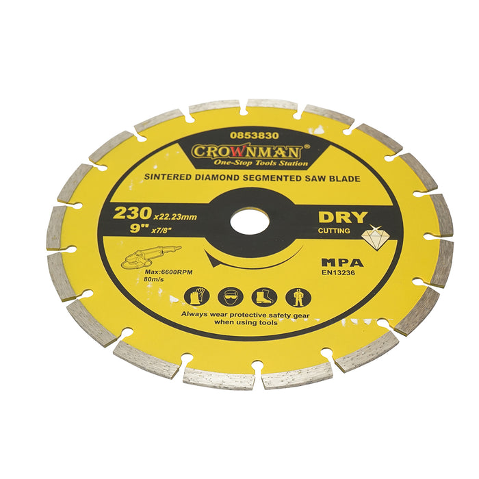 Disco diamantato segmentato 230x22,23mm, max. velocità. 6600 giri/min, taglio a secco per cemento, pietra, granito, marmo Crownman