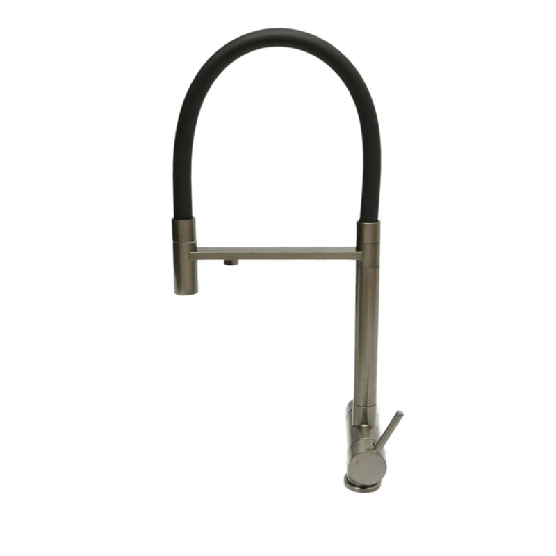 Rubinetto premium in rame per lavello da cucina, con bocca flessibile e doppio comando, finitura grigio grafite satinato, flessibili inclusi.