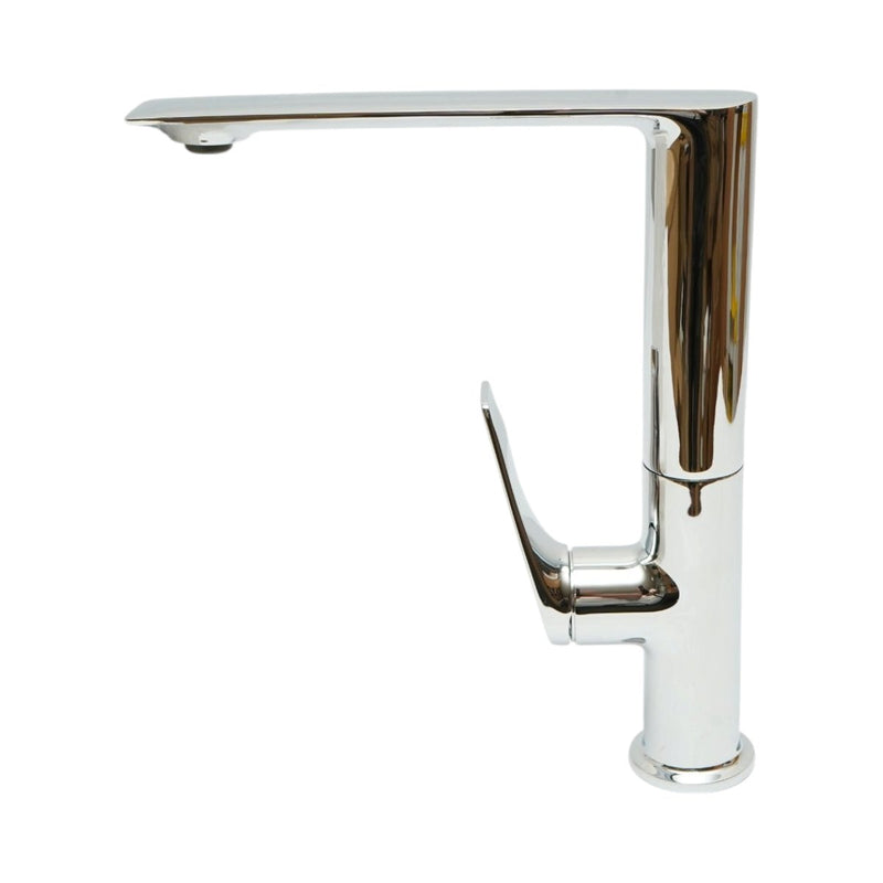 Miscelatore alto di alta gamma per lavabo da bagno in rame, con bocca girevole lunga, design arrotondato, monocomando, finitura cromata lucida e flessibili inclusi.