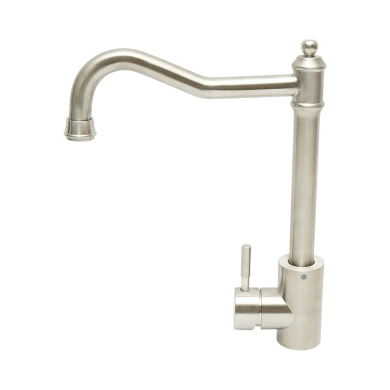 Rubinetto da cucina in stile rétro con canna alta girevole a collo di cigno, monocomando, finitura nichel satinato, in acciaio inox, flessibili inclusi.