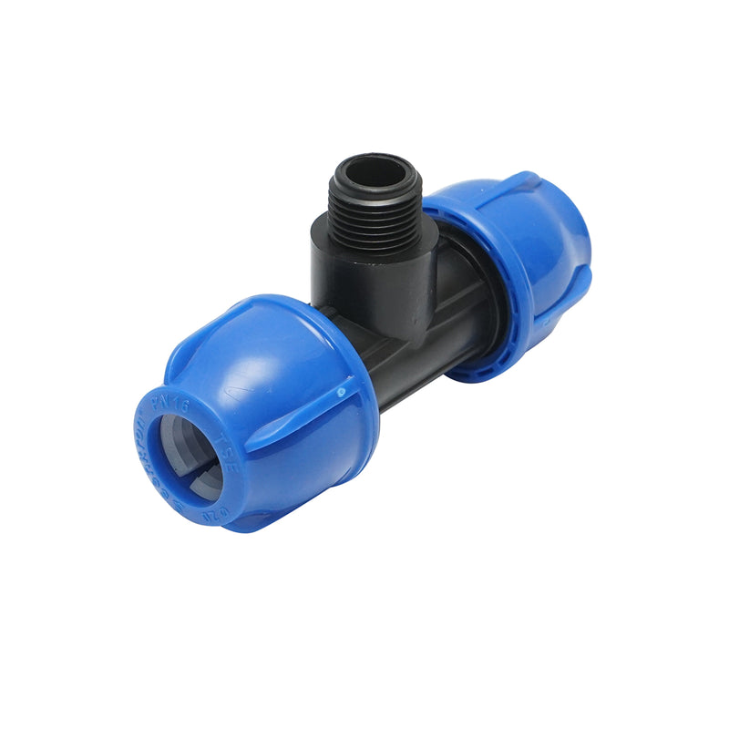 Raccordo a T a compressione a 90° con filetto maschio D20x20 mm x 1/2", PN16 bar, per impianti di irrigazione