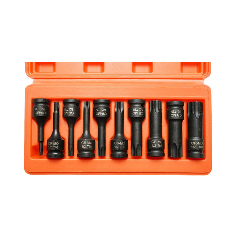 Set di 10 bussole Torx lunghe (T30–T100), attacco da 1/2", in acciaio Cr-Mo Breckner Germany