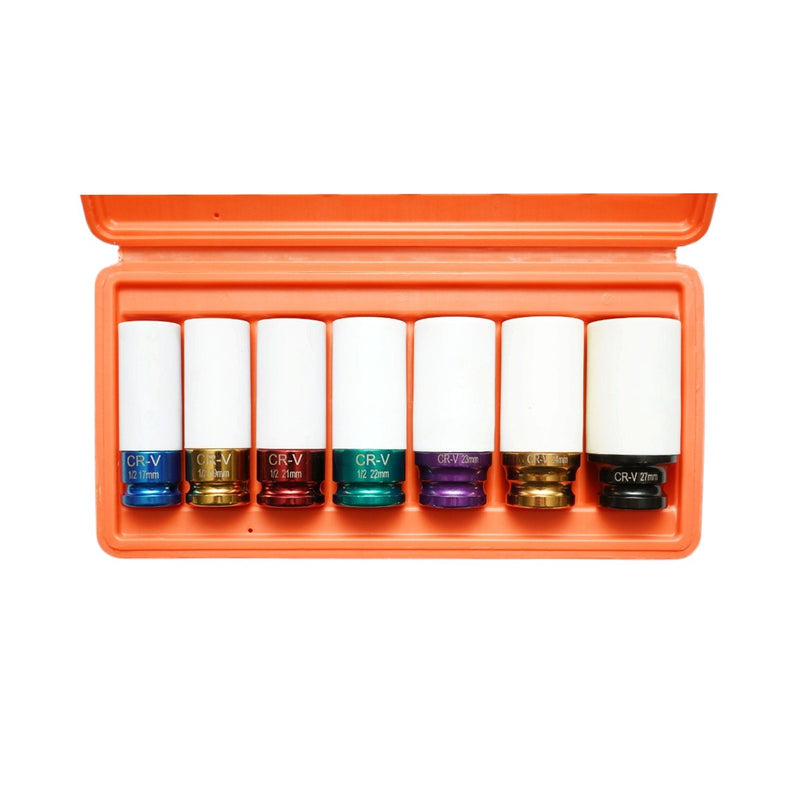 Set di 7 bussole a impatto da 1/2" in acciaio Cr-V per dadi ruota, con protezione per cerchi (17–27 mm) Breckner Germany