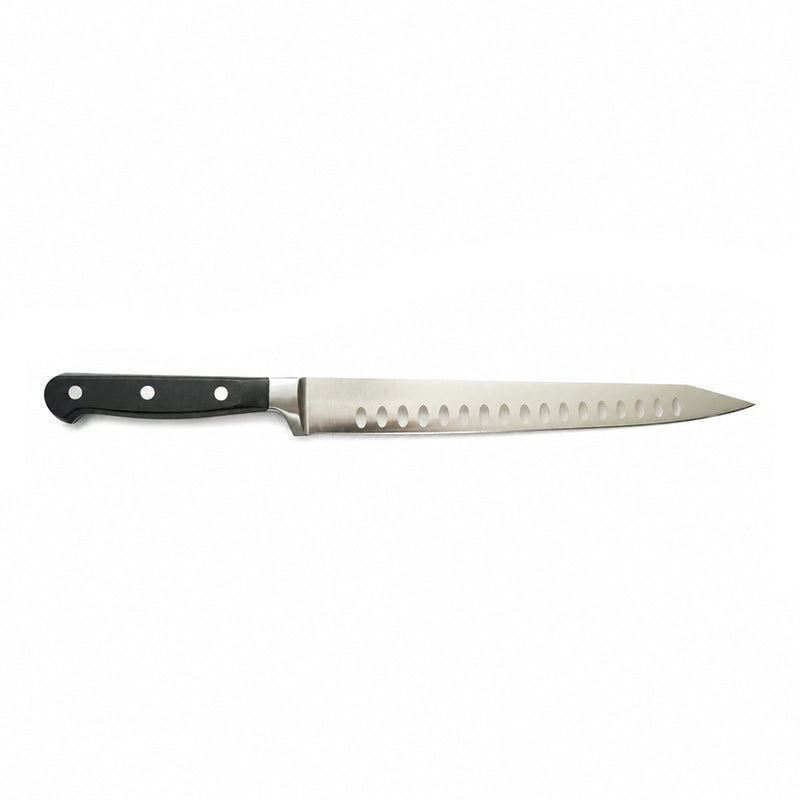 Coltello professionale per affettare da 25 cm, lama in acciaio 5Cr15MoV con filo alveolato, manico in ABS nero. Breckner Germany