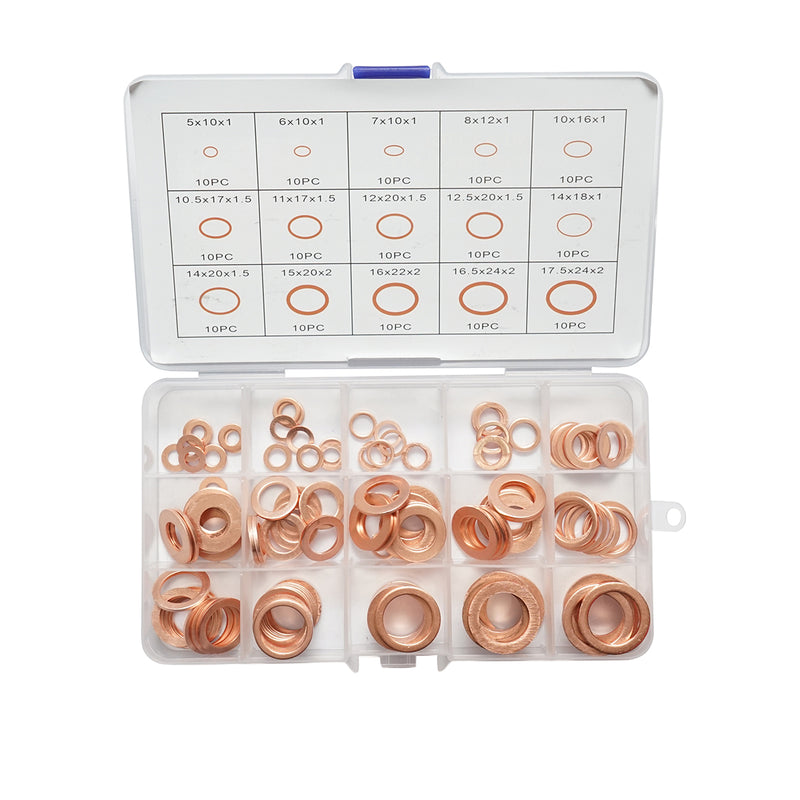 Kit rondelle in rame Ø 5-17,5mm 150 pezzi