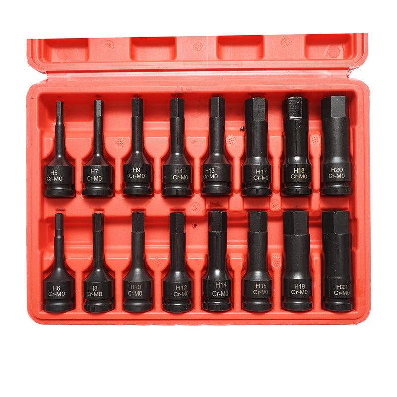 Set di chiavi a bussola esagonali lunghe H5-H21, quadrate da 1/2 pollice Cr-Mo 16 pezzi
