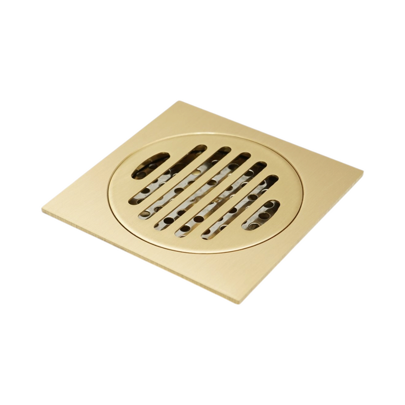 Scarico a pavimento quadrato con griglia, oro satinato, acciaio inox, 100x100 mm