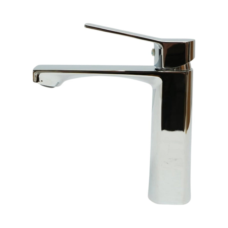 Miscelatore alto a base quadrata per lavabo, monocomando, finitura cromo lucido, acciaio inox, flessibili inclusi