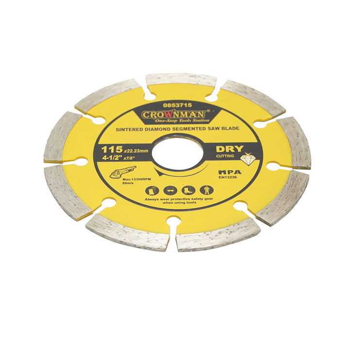 Disco diamantato segmentato 115x22,23mm, max. velocità. 13300 giri/min, taglio a secco per cemento, pietra, granito, marmo Crownman
