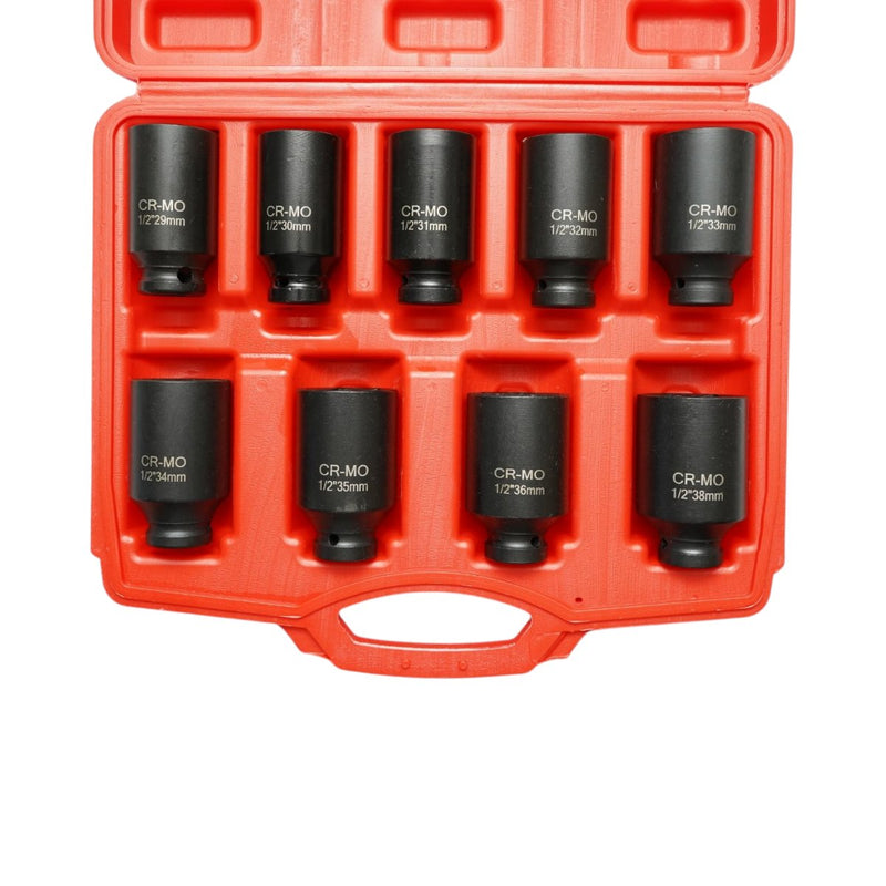 Set di 9 bussole lunghe per dadi dell'asse con attacco da 1/2" (29–38 mm), in acciaio Cr-Mo Breckner Germany