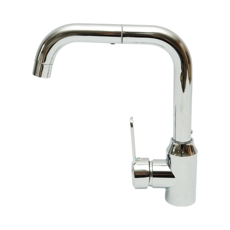 Miscelatore per lavello cucina con canna a U girevole a 360°, monocomando, finitura cromata lucida, acciaio inox, flessibili inclusi