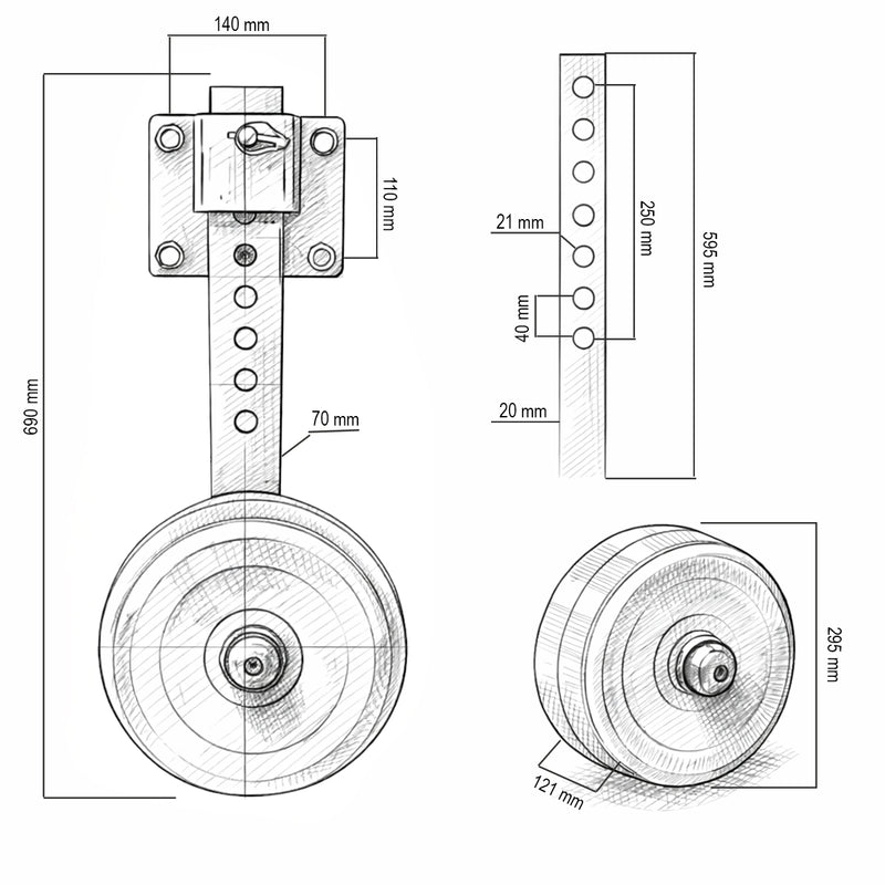 Ruota universale per aratro, 295 mm, regolabile su 7 posizioni (0–250 mm)