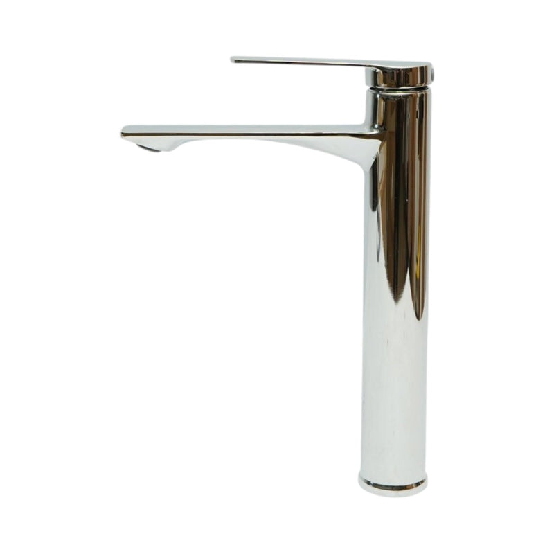 Miscelatore alto e rotondo per lavabo, monocomando, finitura cromata lucida, acciaio inossidabile, flessibili inclusi