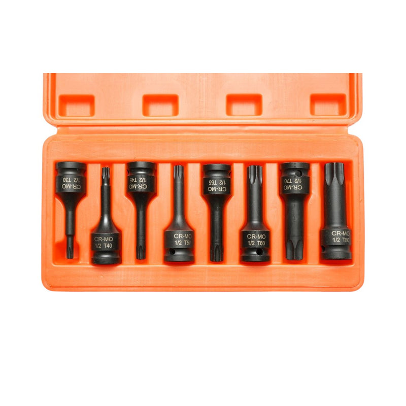 Set di 8 bussole Torx (T30–T80), attacco da 1/2", in acciaio Cr-Mo Breckner Germany
