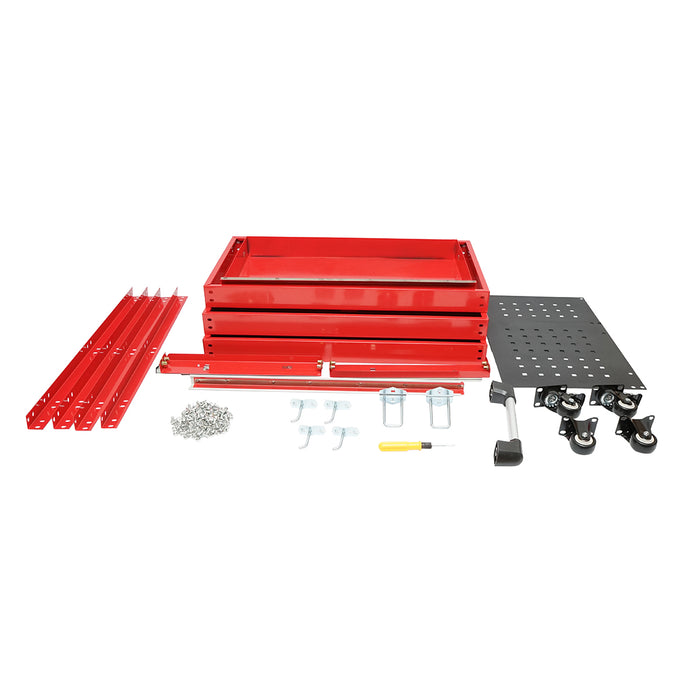 Carrello metallico su ruote con 3 ripiani, supporti e cassetto per attrezzi 660x360x730mm.