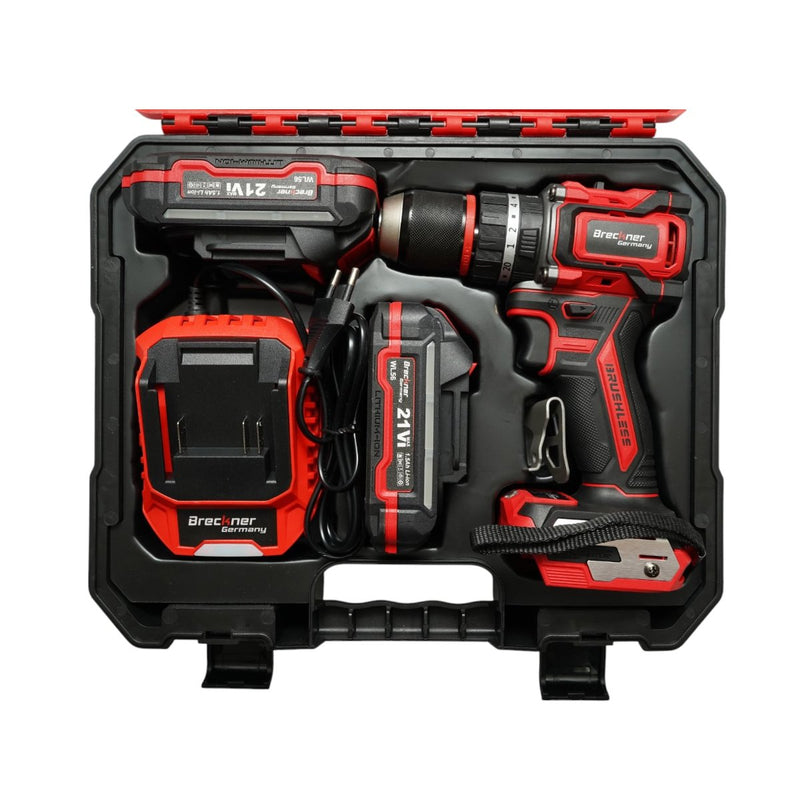Trapano avvitatore a percussione a batteria da 500 W, due batterie agli ioni di litio da 21 V e 1,5 Ah, LED, motore brushless, coppia di 50 Nm, mandrino da 13 mm, 0-500/1600 giri/min